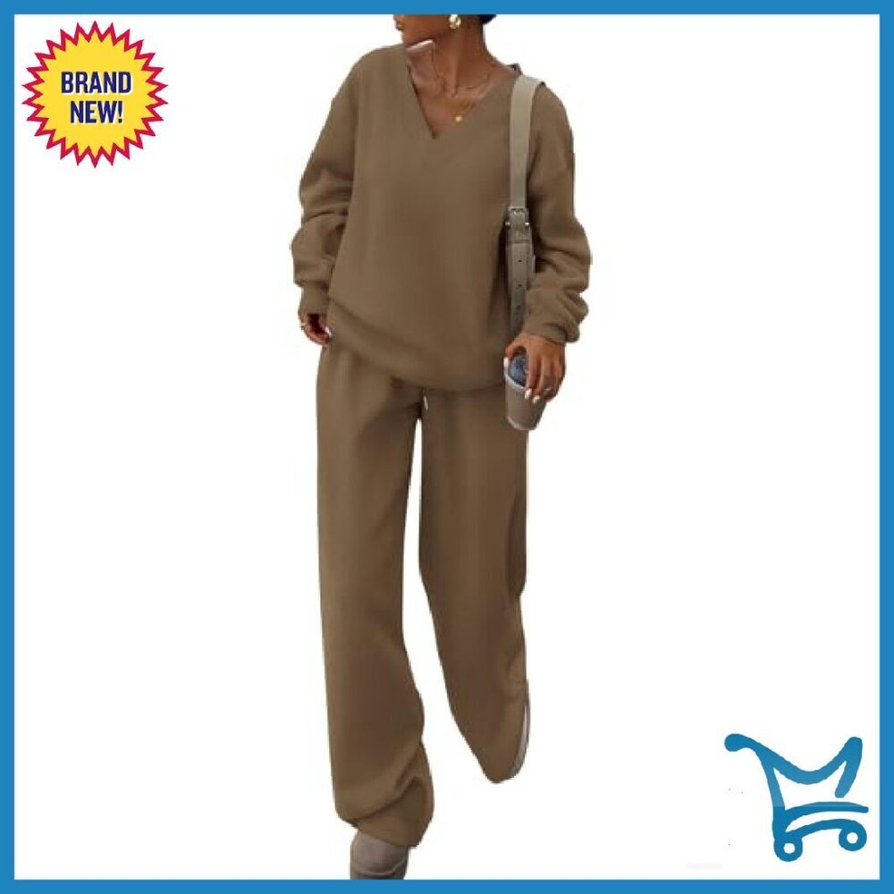 V-Neck Sweatshirt & Wide Leg Pants Set, Knit Fabric, Elastic Waist - Picture 2 of 8